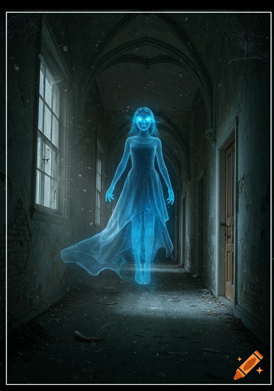 A glowing blue ghost of a woman floats in a dark, dilapidated hallway with tall windows.