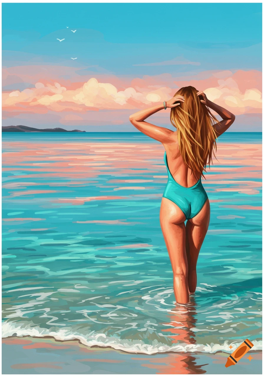 A painterly illustration of a woman in a teal swimsuit standing in shallow ocean water, viewed from behind at sunset.