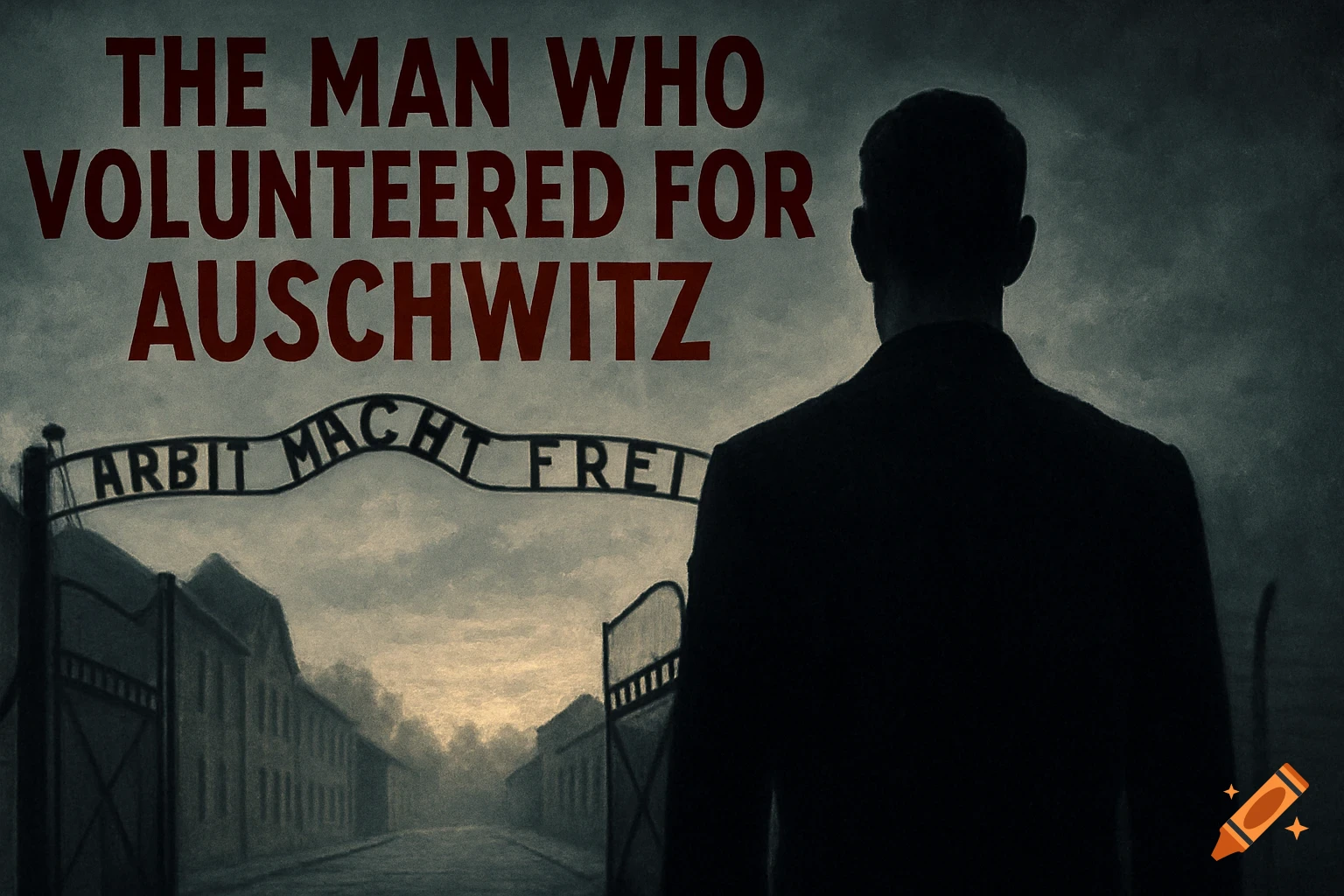 A man's silhouette stands before the Auschwitz gate with 'ARBEIT MACHT FREI' text, under a somber sky. The title 'THE MAN WHO VOLUNTEERED FOR AUSCHWITZ' is overlaid.