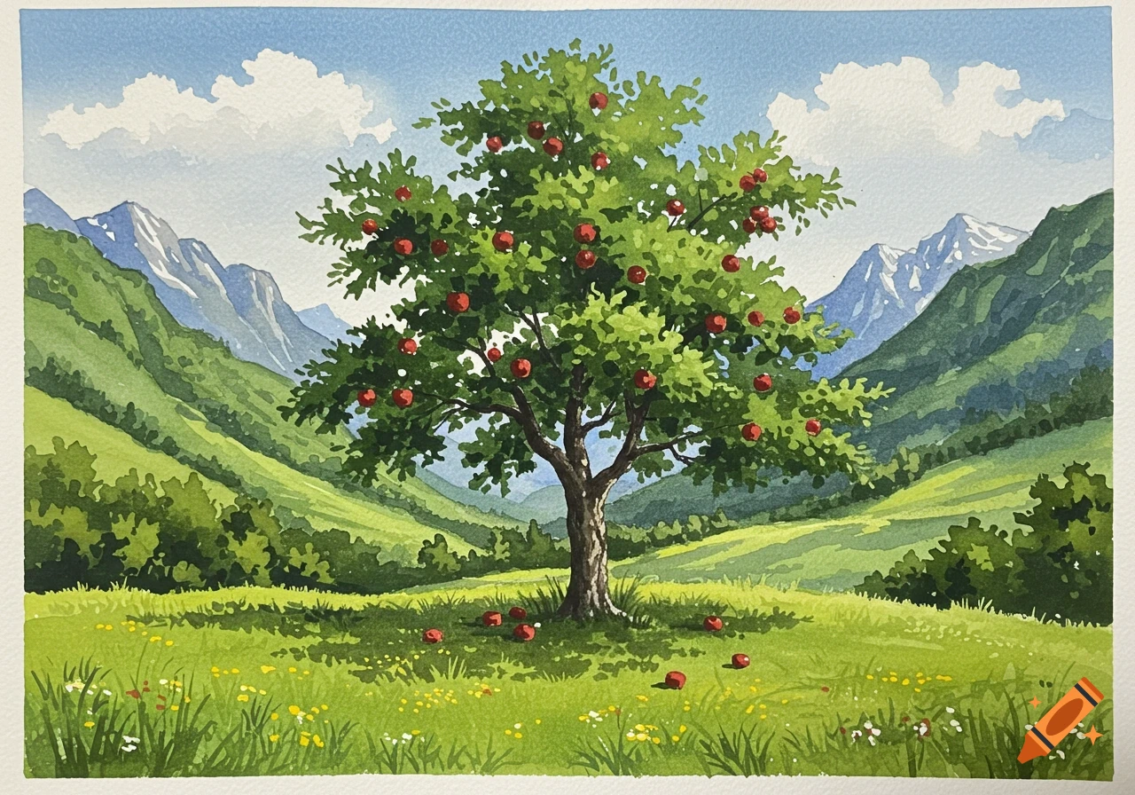 A vibrant watercolor painting of an apple tree with red apples in a green mountain valley under a blue sky.
