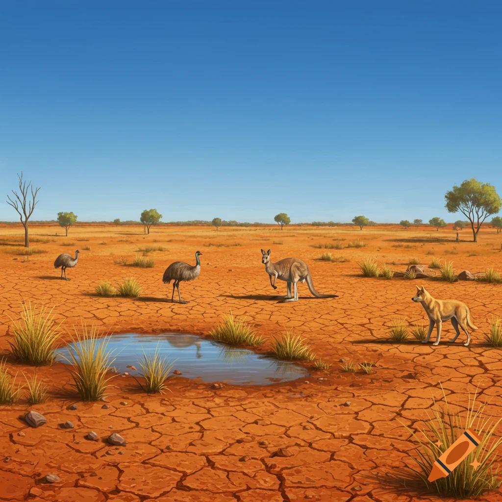 An emu, kangaroo, and dingo stand near a small waterhole in a vast, dry Australian landscape under a blue sky.