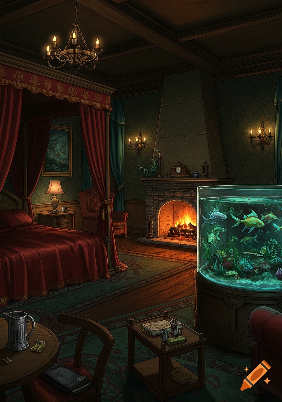 A richly detailed fantasy illustration of an elegant private room in an upscale tavern with a four-poster bed, fireplace, and large aquarium.