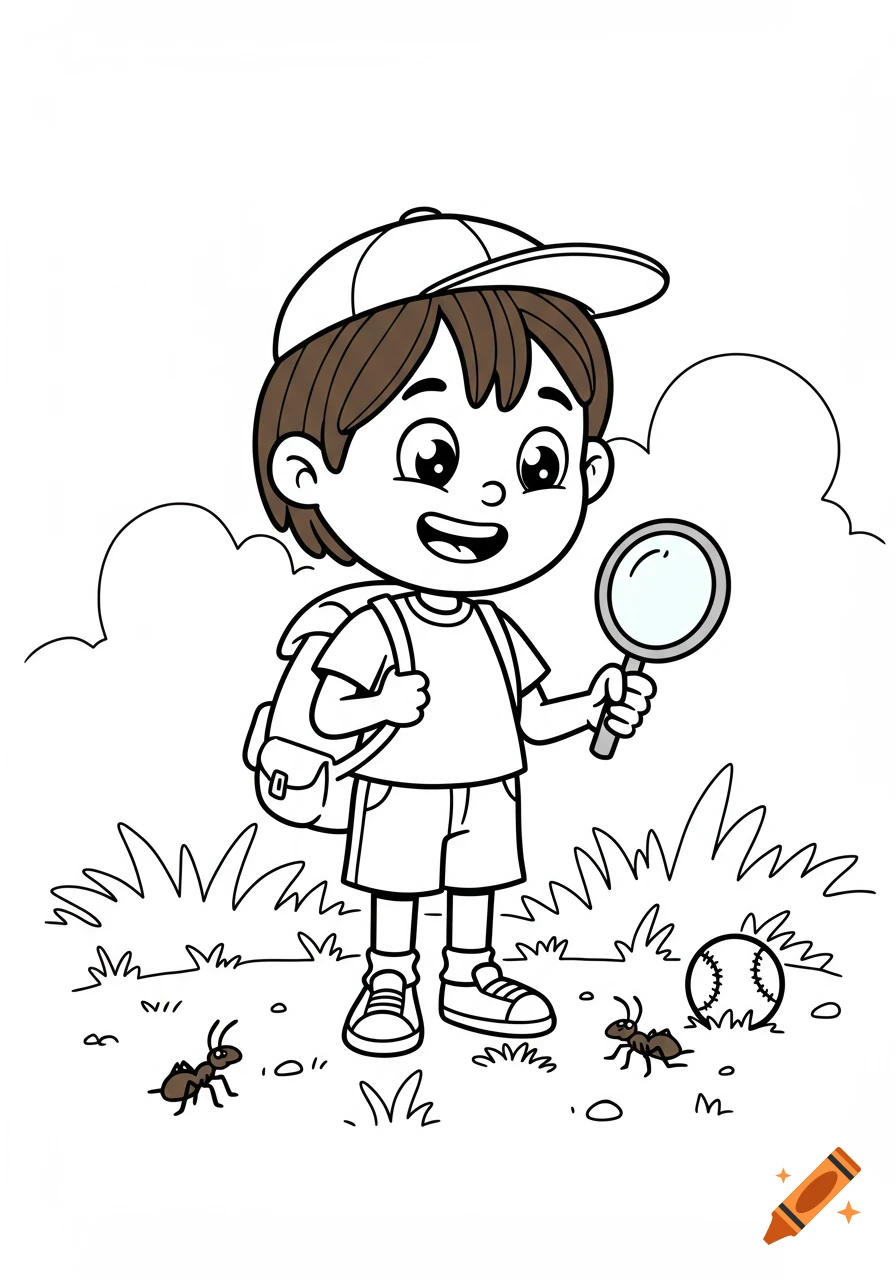 A cartoon boy wearing a baseball cap and backpack holds a magnifying glass, looking at ants and a baseball. Coloring book style.