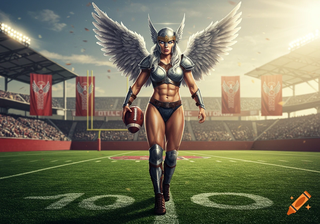 A strong female Valkyrie in silver armor with large white wings stands on a football field in a stadium, holding a football.