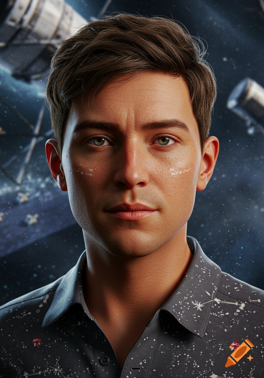 Photorealistic portrait of a man with green eyes and brown hair wearing a dark space-themed shirt, against a blurred blue starry space background with a spacecraft.