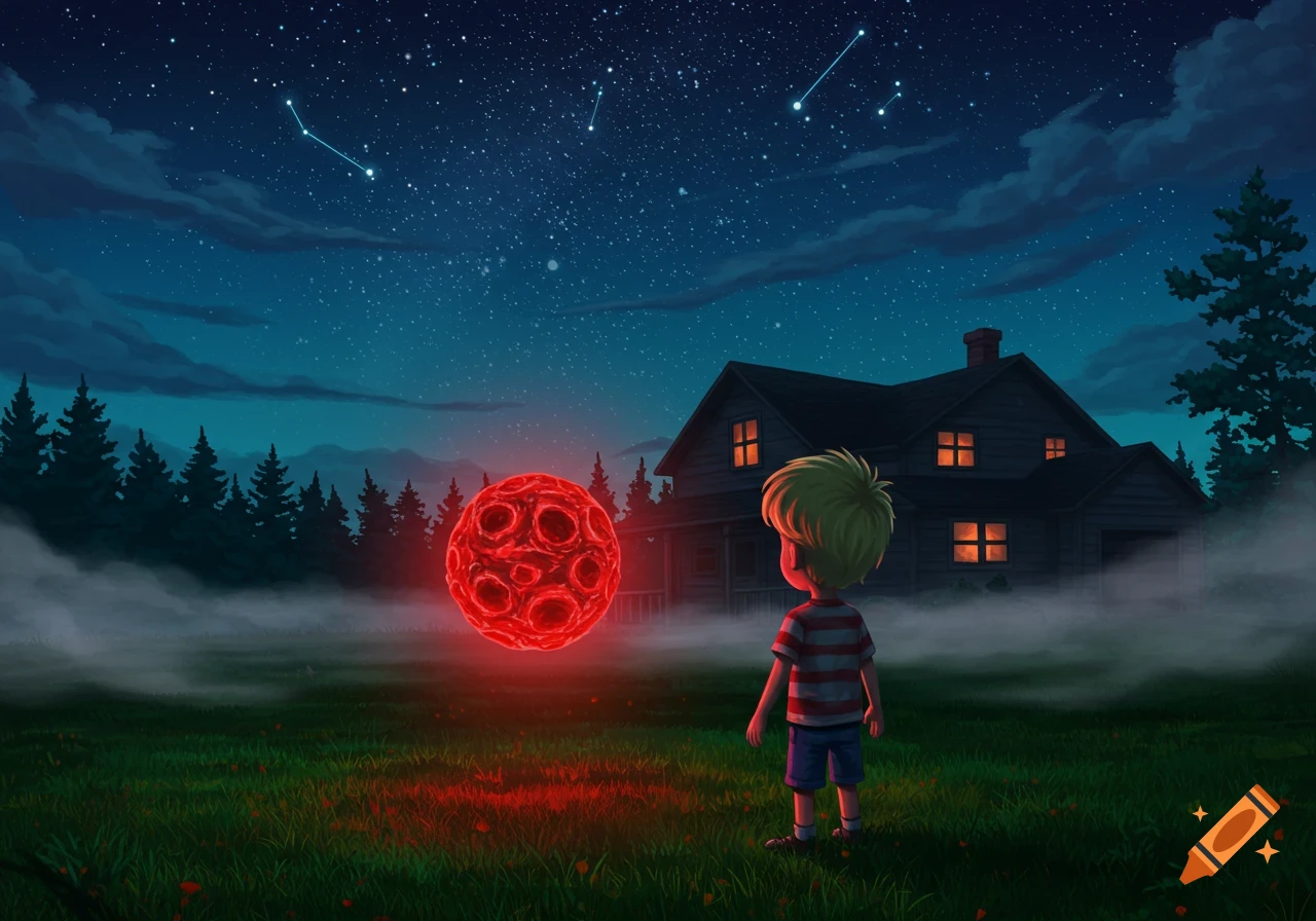 A boy stands in a misty field at night, looking at a glowing red, organic orb hovering near a house under a starry sky. Stylized illustration.
