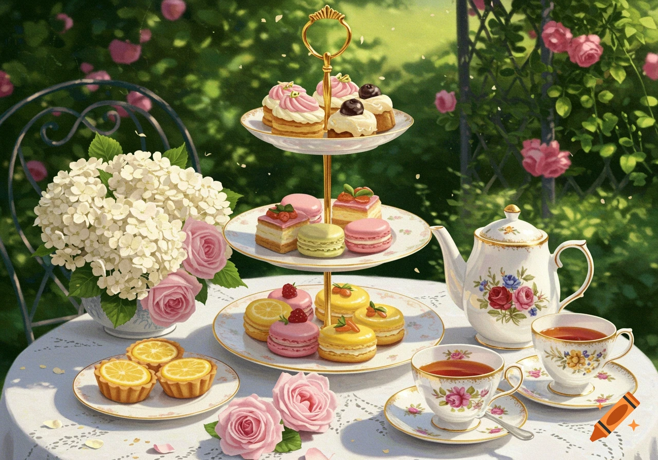 An elaborate afternoon tea spread in a sunny garden with a three-tier cake stand, pastries, a teapot, and flowers.
