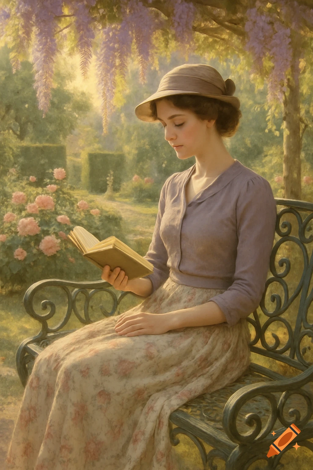 Painterly image of a woman in a hat reading a book on a garden bench with wisteria and roses.