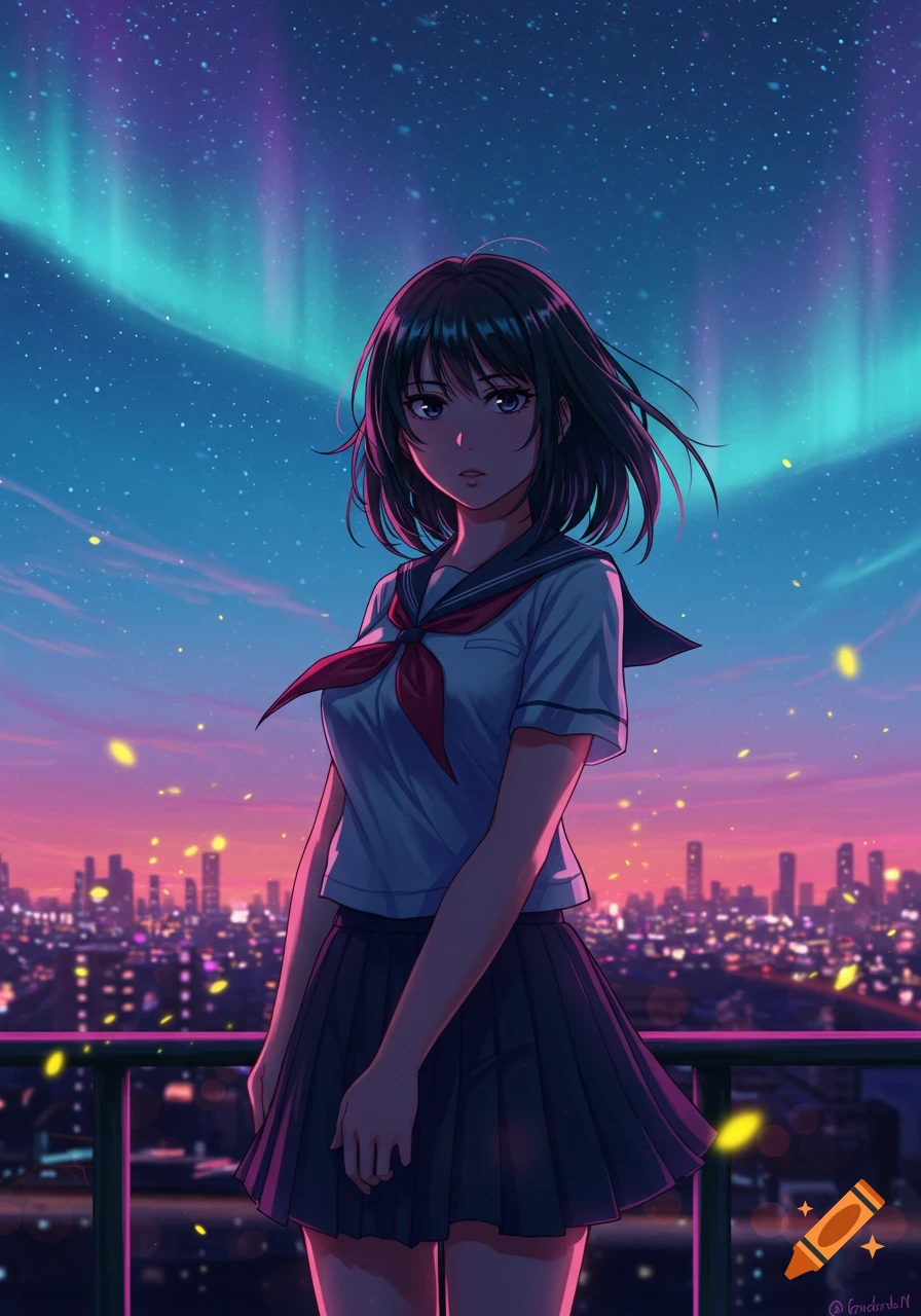 An anime girl in a school uniform stands on a rooftop overlooking a vibrant city skyline under a starry sky with a colorful aurora.