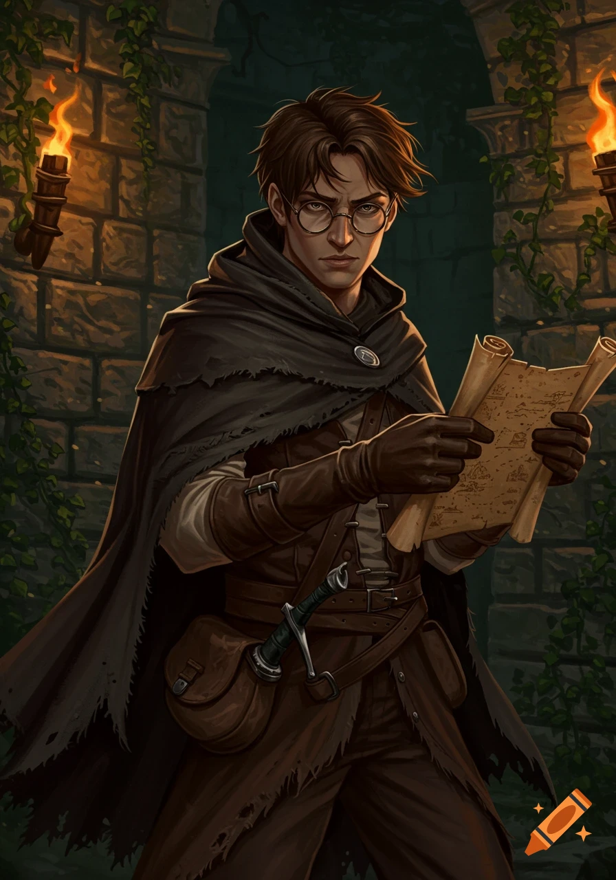 A fantasy portrait of a brown-haired rogue with glasses, wearing a cloak and holding a scroll, standing in a stone ruin with torches.