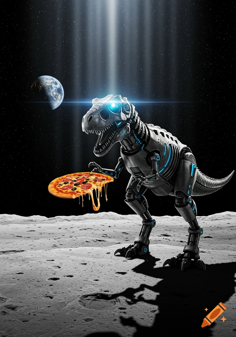 A photorealistic robot T-Rex stands on the moon, holding a cheesy pizza as light beams down from space with Earth in the background.