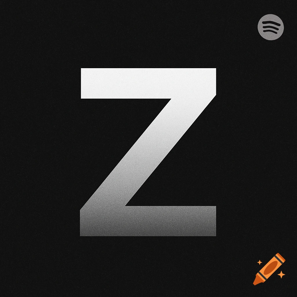 A white to gray gradient letter Z on a textured black background with a Spotify logo in the top right corner.