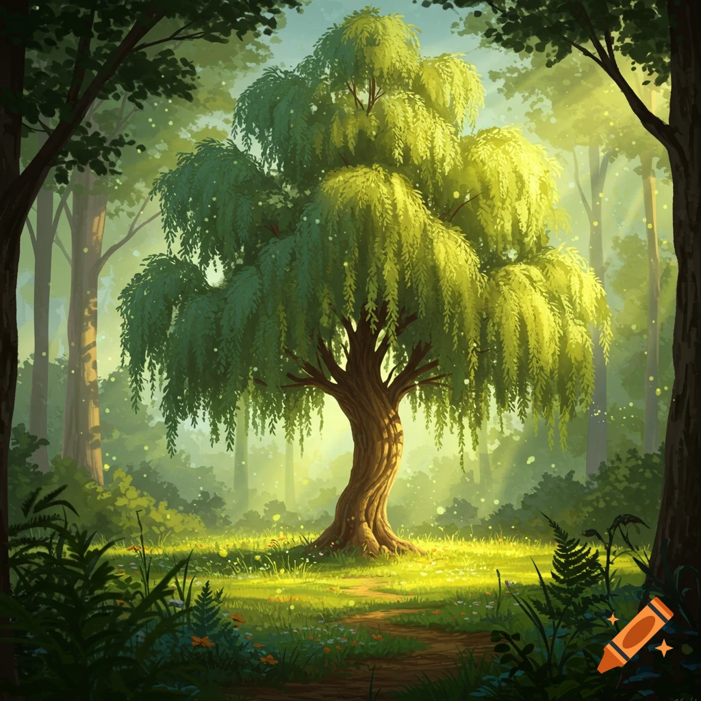 A whimsical forest with a large weeping willow tree in the center, bathed in sunlight, with a winding path and glowing particles.