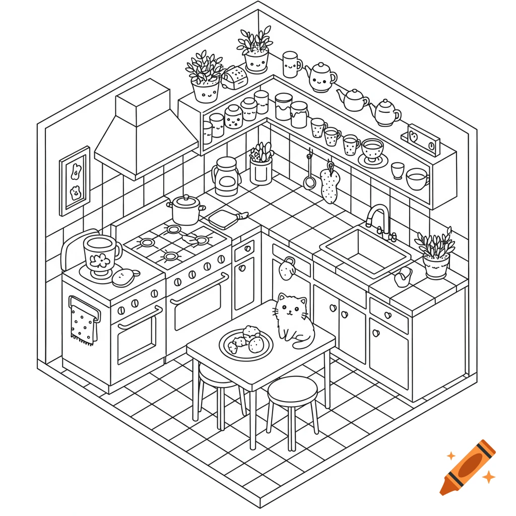 An isometric line drawing for a coloring book, featuring a cozy kitchen with a cute cat, kitchenware, and plants.
