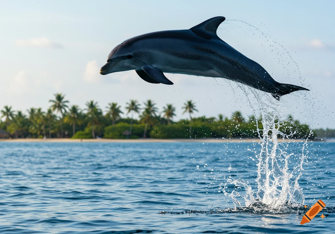 A dark grey dolphin leaps from blue ocean water, creating a large splash, with a tropical island and palm trees in the background.
