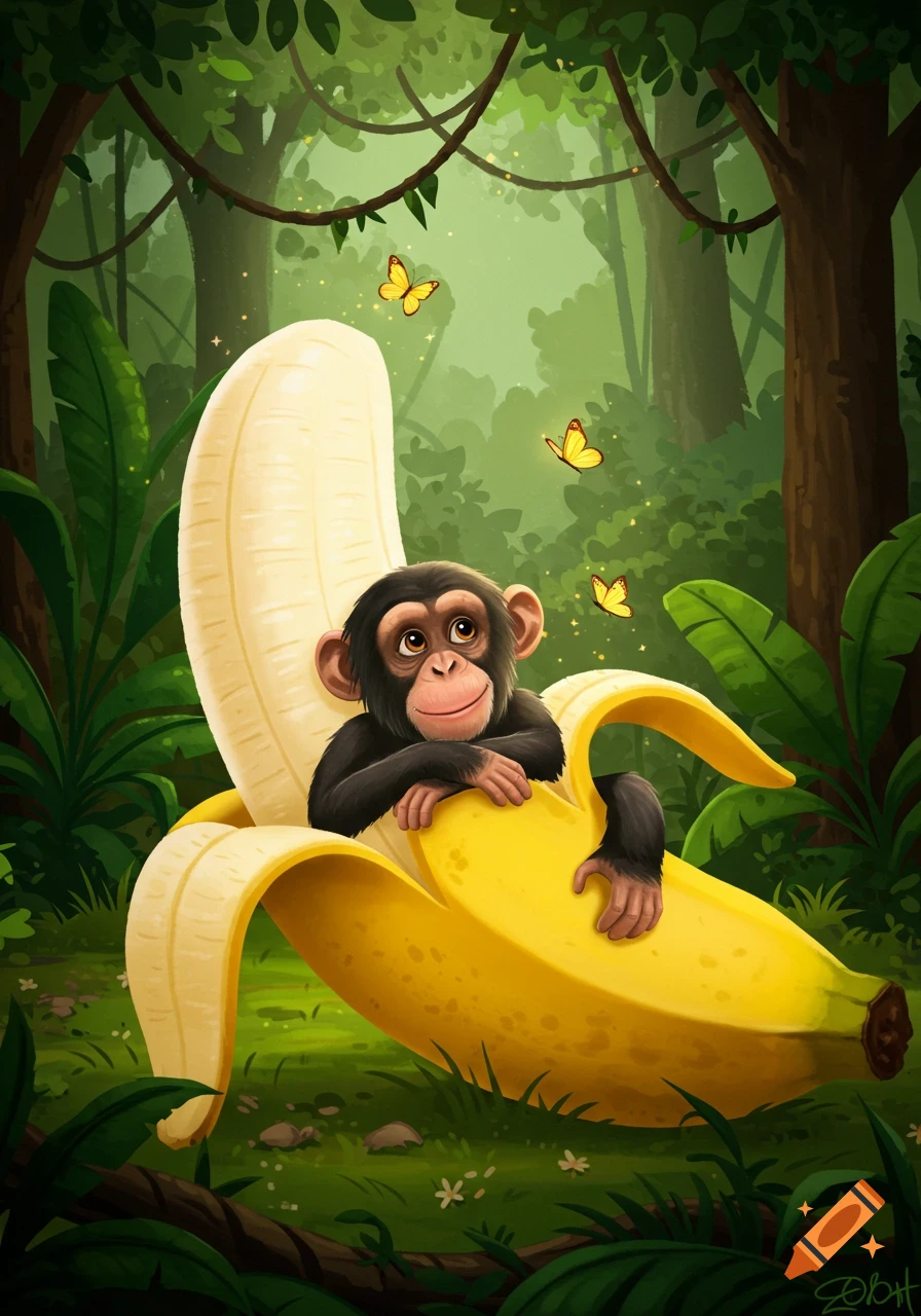 A cute cartoon chimpanzee peeks out of a giant peeled banana in a lush green jungle, surrounded by flying butterflies.