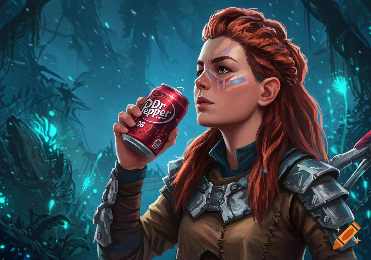 Aloy, a red-haired woman with face paint, drinks from a Dr Pepper can in a glowing blue fantasy jungle.