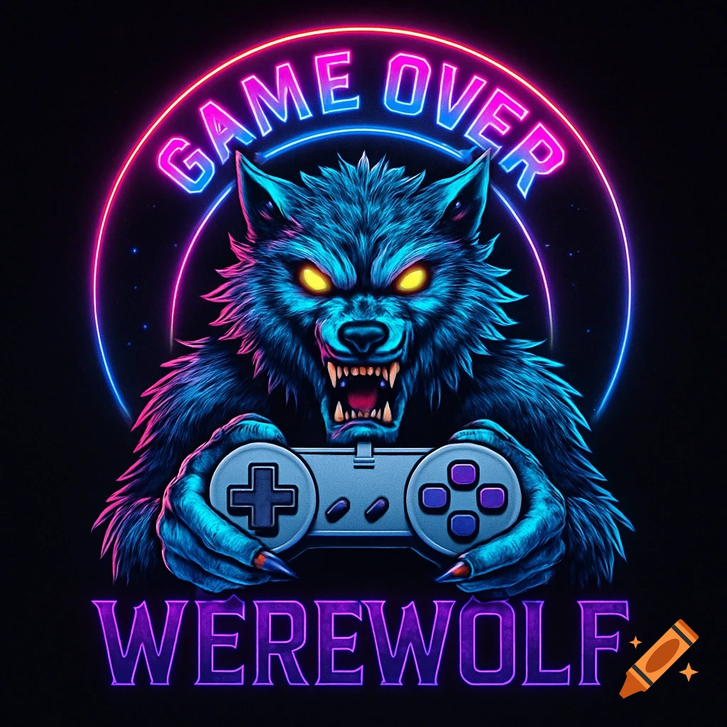 A fierce, blue werewolf with glowing yellow eyes holds a retro video game controller, framed by neon pink and blue 'GAME OVER' and purple 'WEREWOLF' text, on a black background.