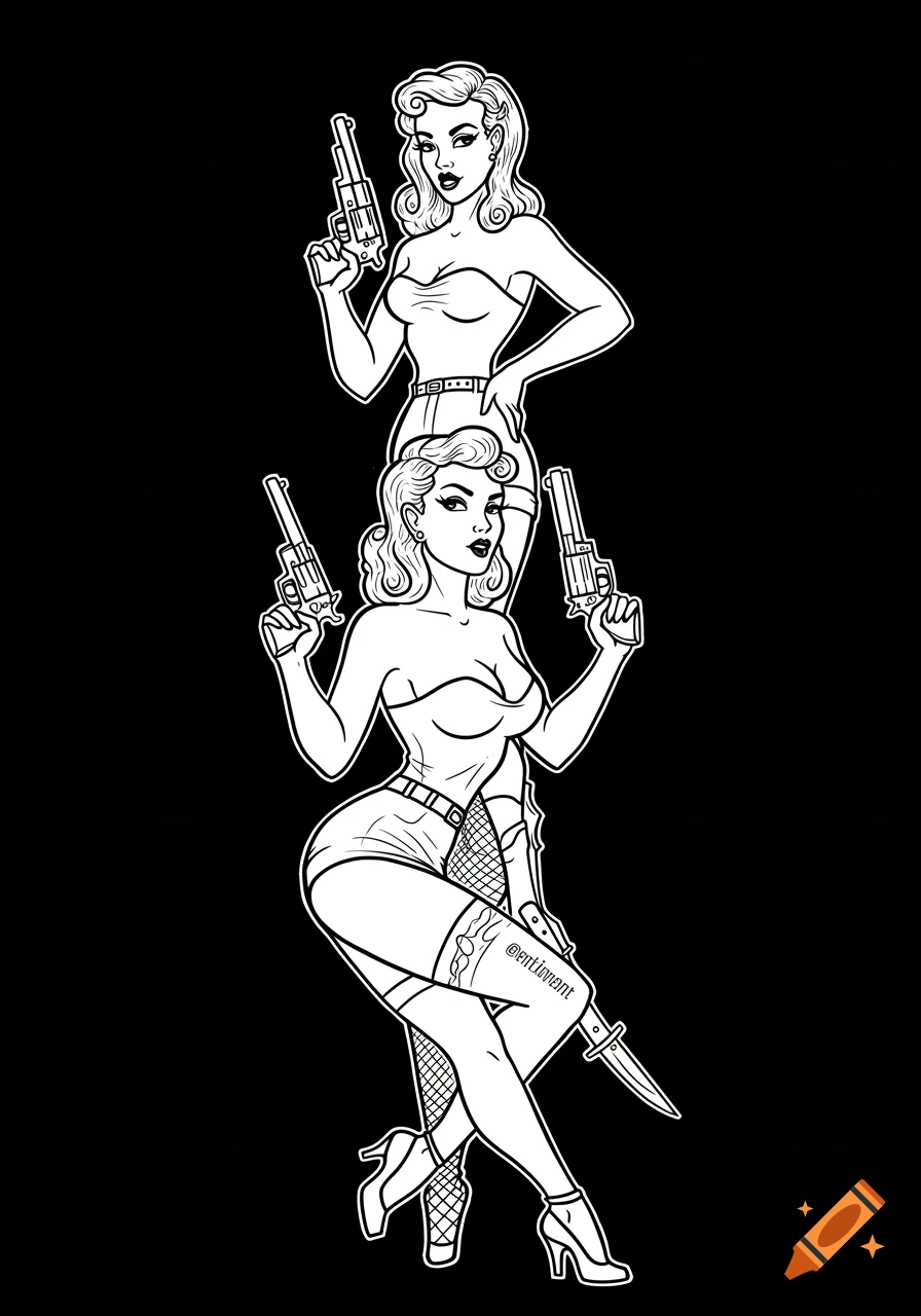 Two black and white line art pin-up women holding guns and a knife, stacked vertically.