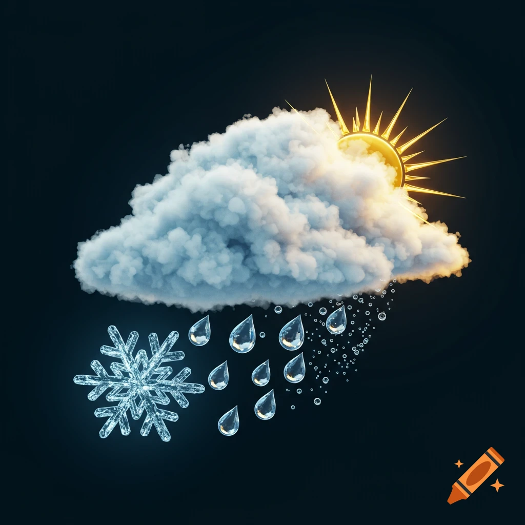 A detailed 3D weather icon showing a cloud with a golden sun peaking from behind, raining clear droplets, and an icy snowflake.