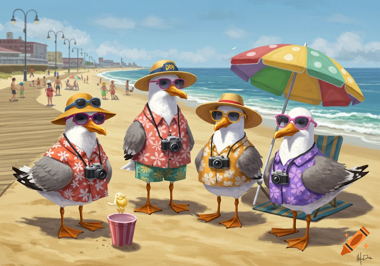 Four cartoon seagulls dressed as tourists with hats, sunglasses, and cameras stand on a sunny beach with a boardwalk in the background.
