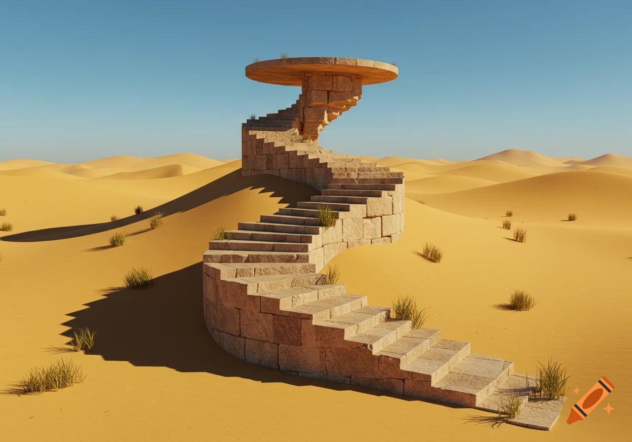 A stone spiral staircase, incomplete and ending in a platform, stands in the middle of a vast, sunny desert landscape.