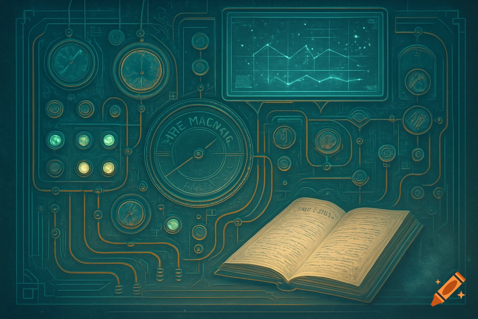 A steampunk-style control panel with glowing gauges, intricate wiring, a digital display with a graph, and an open book on a dark teal background.