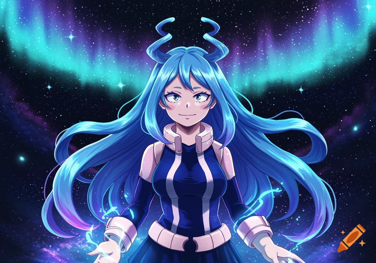 A female anime character with long blue hair and horns stands against a cosmic background with an aurora. She wears a dark blue suit with white accents and her hands glow.