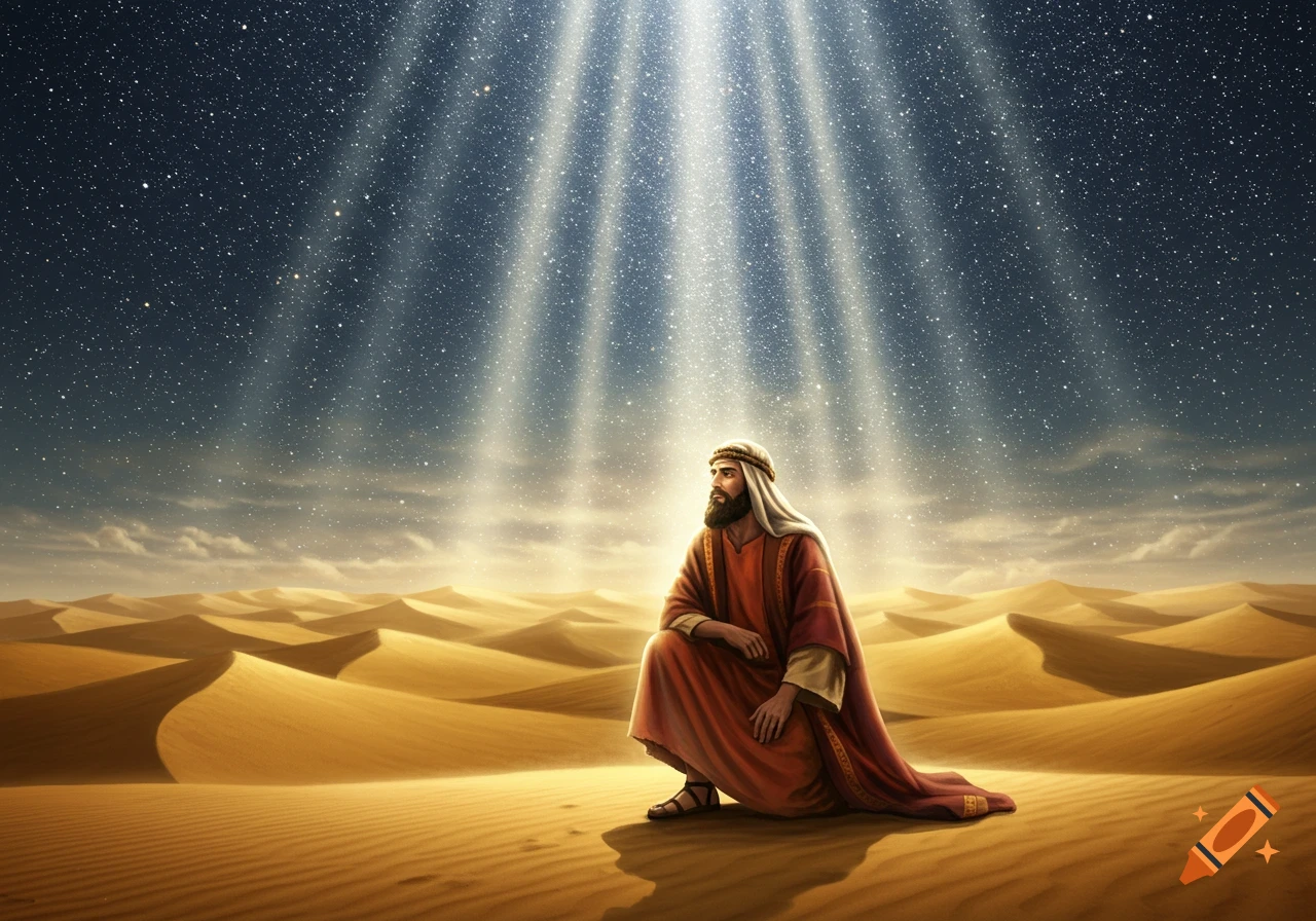 A man in ancient robes kneels in a vast desert under a starry sky with beams of light shining down.