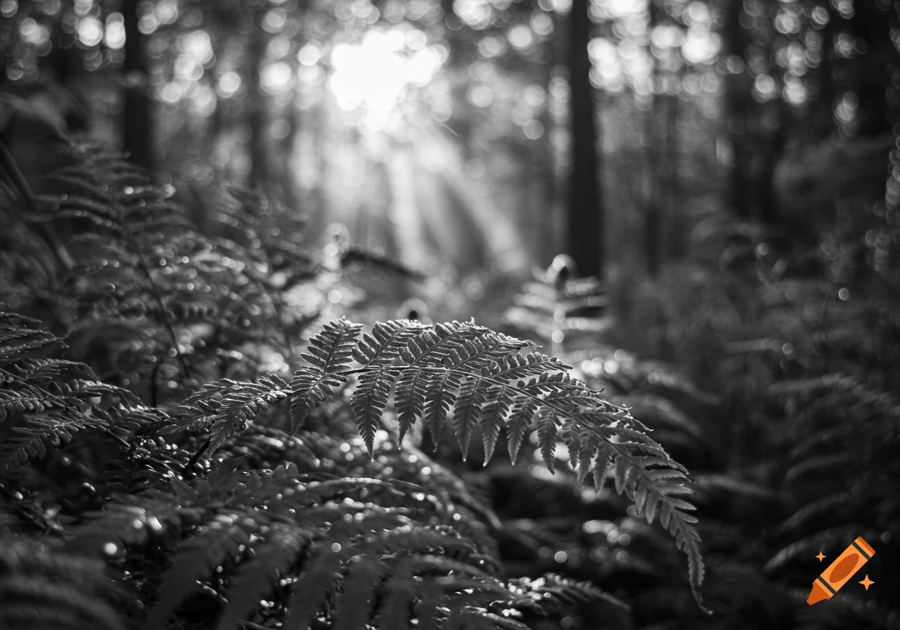Black and white photograph of fern leaves in a forest with sun rays breaking through trees at daybreak.