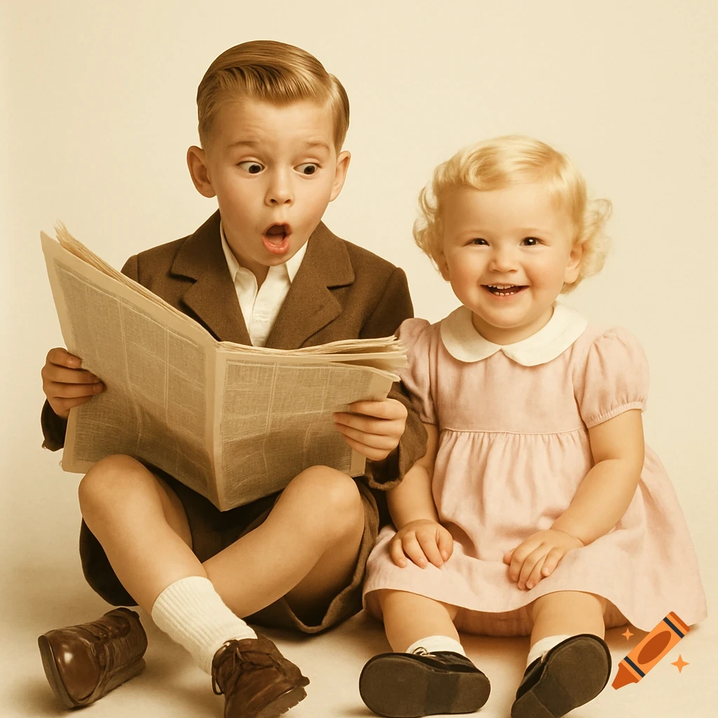 A shocked boy in 1950s attire reads a newspaper next to a smiling baby girl, both sitting on a light background.