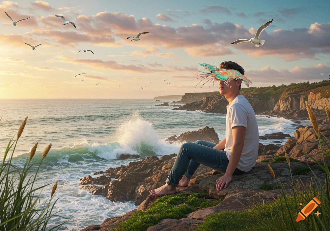 A man with a colorful shrimp over his eyes sits on rocky cliffs overlooking the ocean at sunset with seagulls flying.