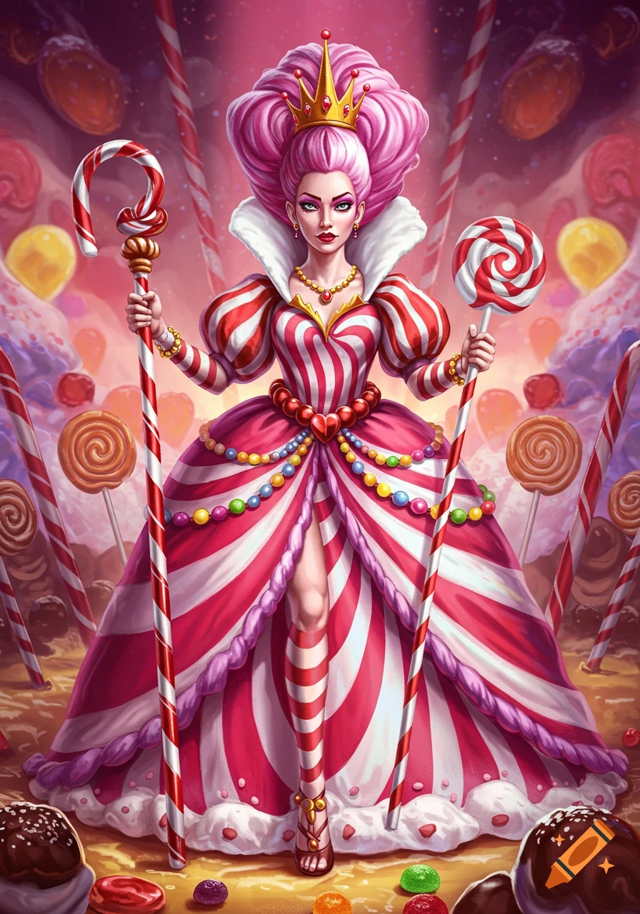 A vibrant fantasy illustration of a candy queen with pink hair and a striped dress, holding a candy cane scepter and lollipop in a candy land.