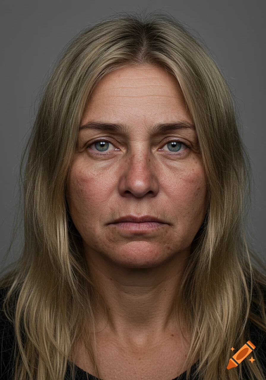 A close-up, photorealistic portrait of a woman with long blonde hair, blue eyes, and blemishes, looking seriously at the camera against a plain grey background.