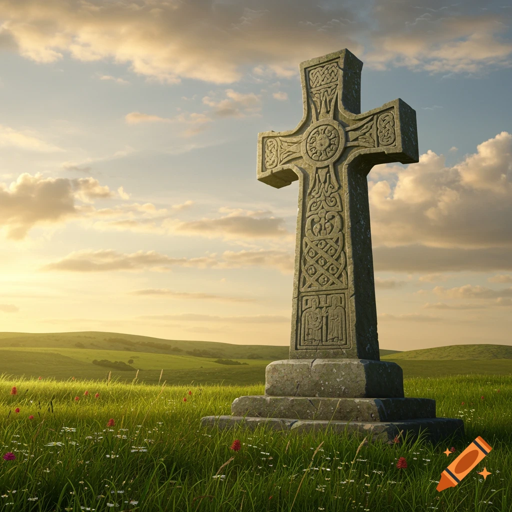 An ornate stone Celtic cross stands in a green grassy field under a cloudy sky at sunset. Photorealistic.