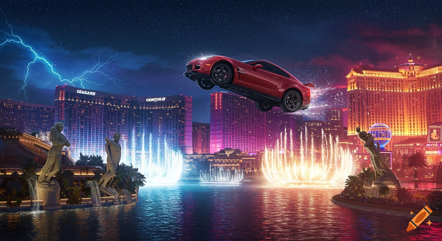 A red sports car jumps dramatically over illuminated fountains in front of a neon-lit Las Vegas skyline at night, with lightning in the sky.