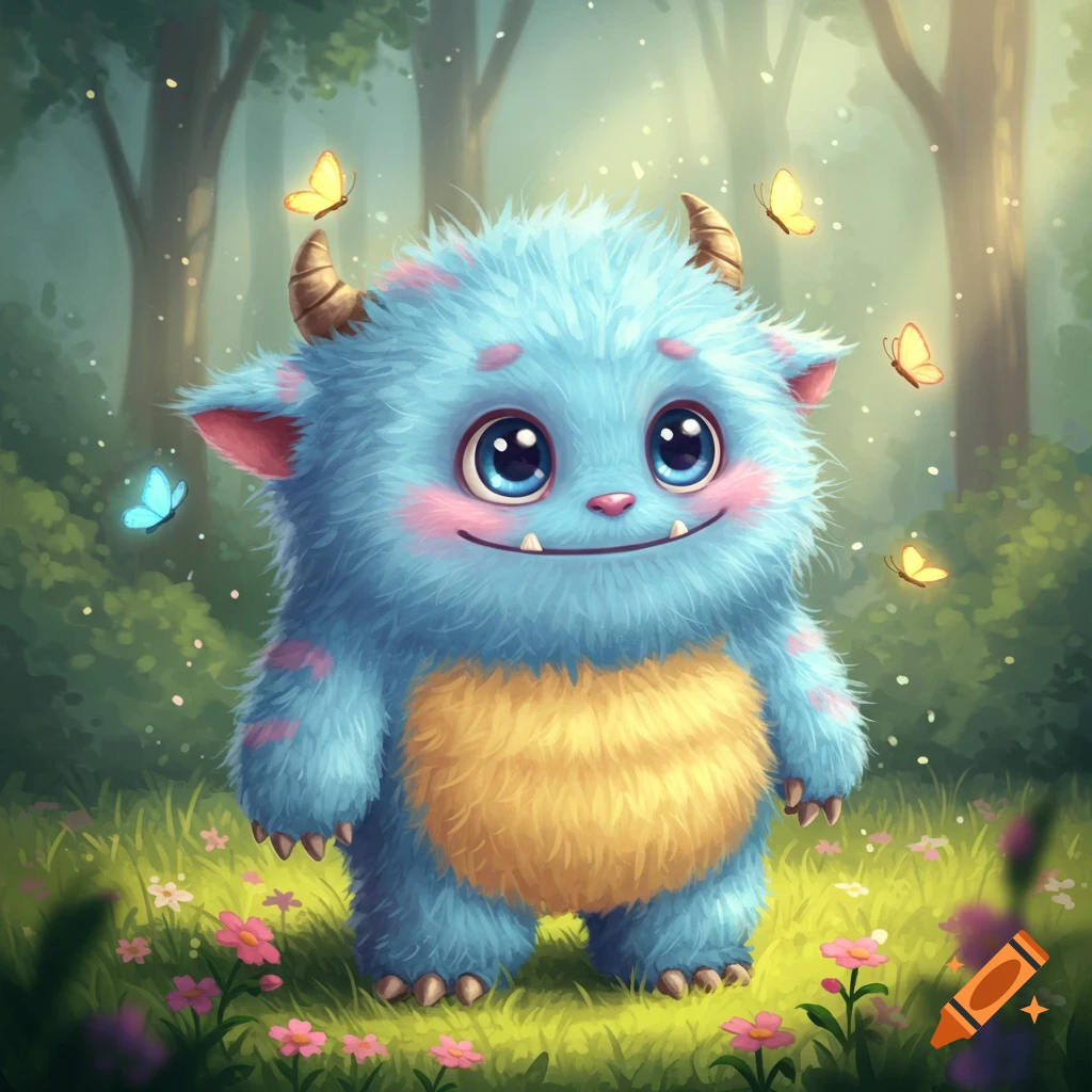 A cute blue furry monster with big eyes and small horns smiles in a lush green forest with pink flowers and butterflies.