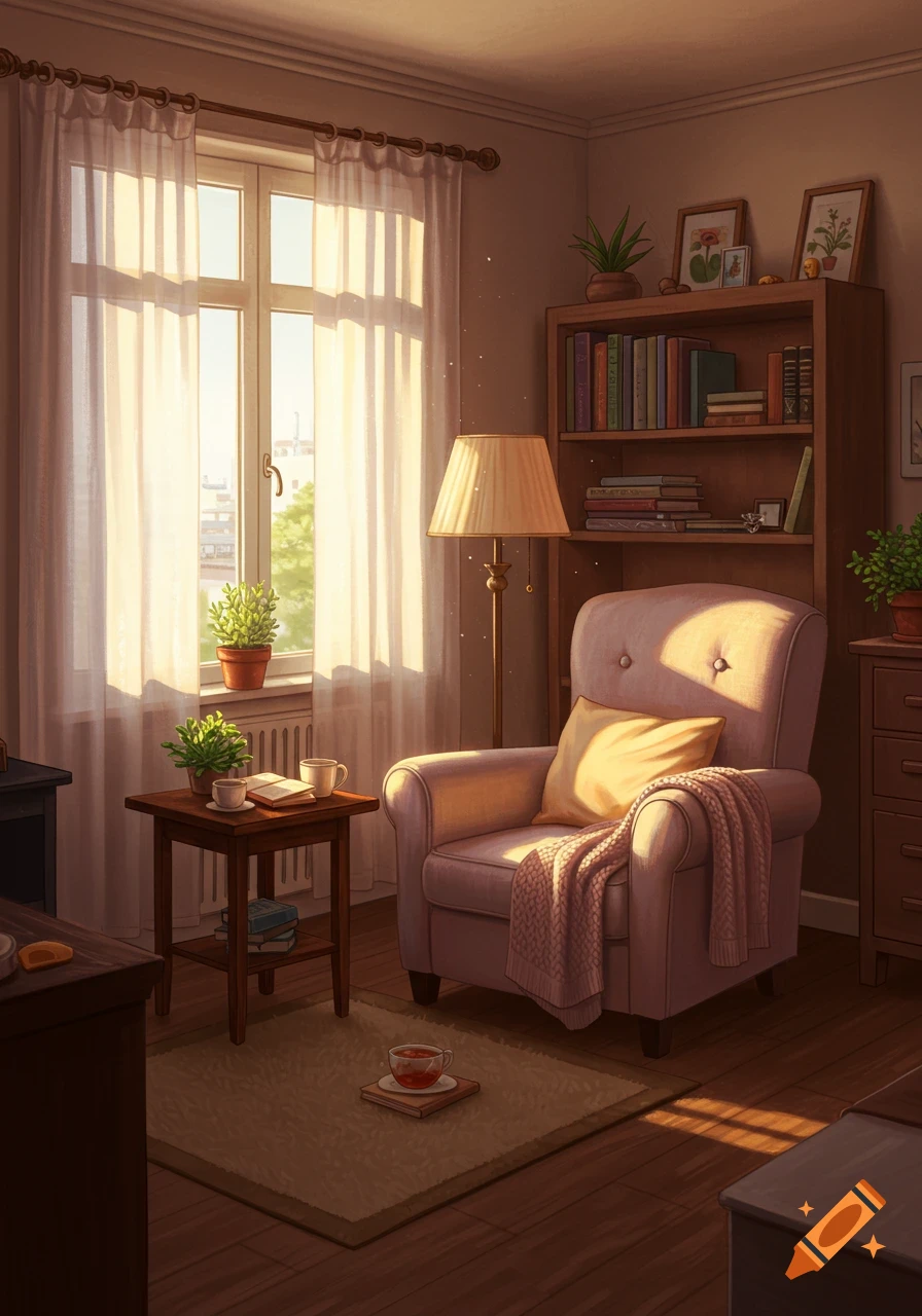 A cozy, sunlit apartment room with a plush armchair, bookshelf, and plants by a bright window, in an illustrative style.
