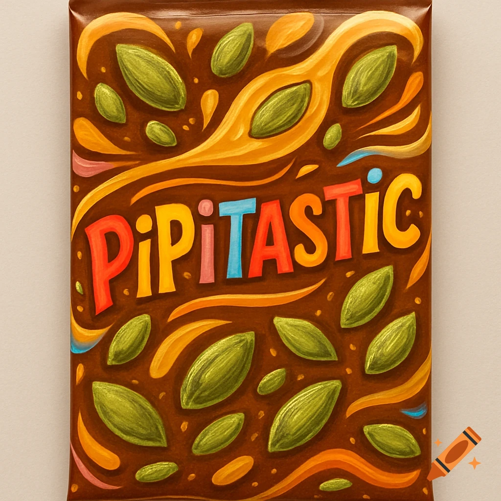 A colorful, cartoon-style chocolate candy bar wrapper with green pepita seeds and the word 'PiPiTASTIC' in bold letters.