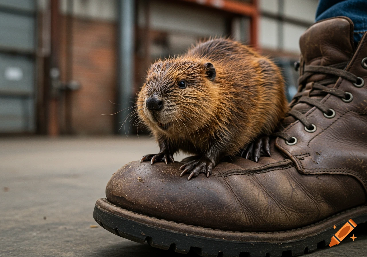 A small, furry beaver sits on the toe of a brown leather work boot, looking forward.