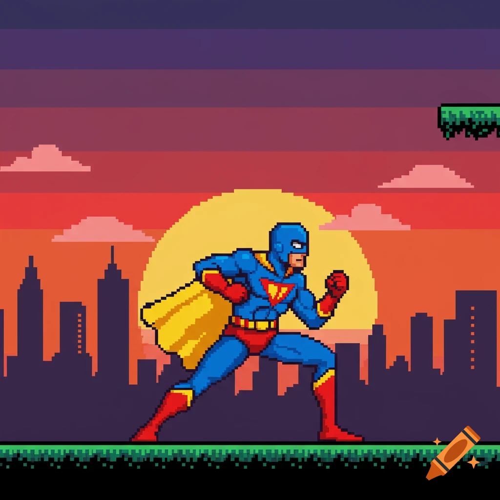 Pixel art superhero in a blue suit and red cape runs across a landscape with a sunset behind a city silhouette and a floating green platform.