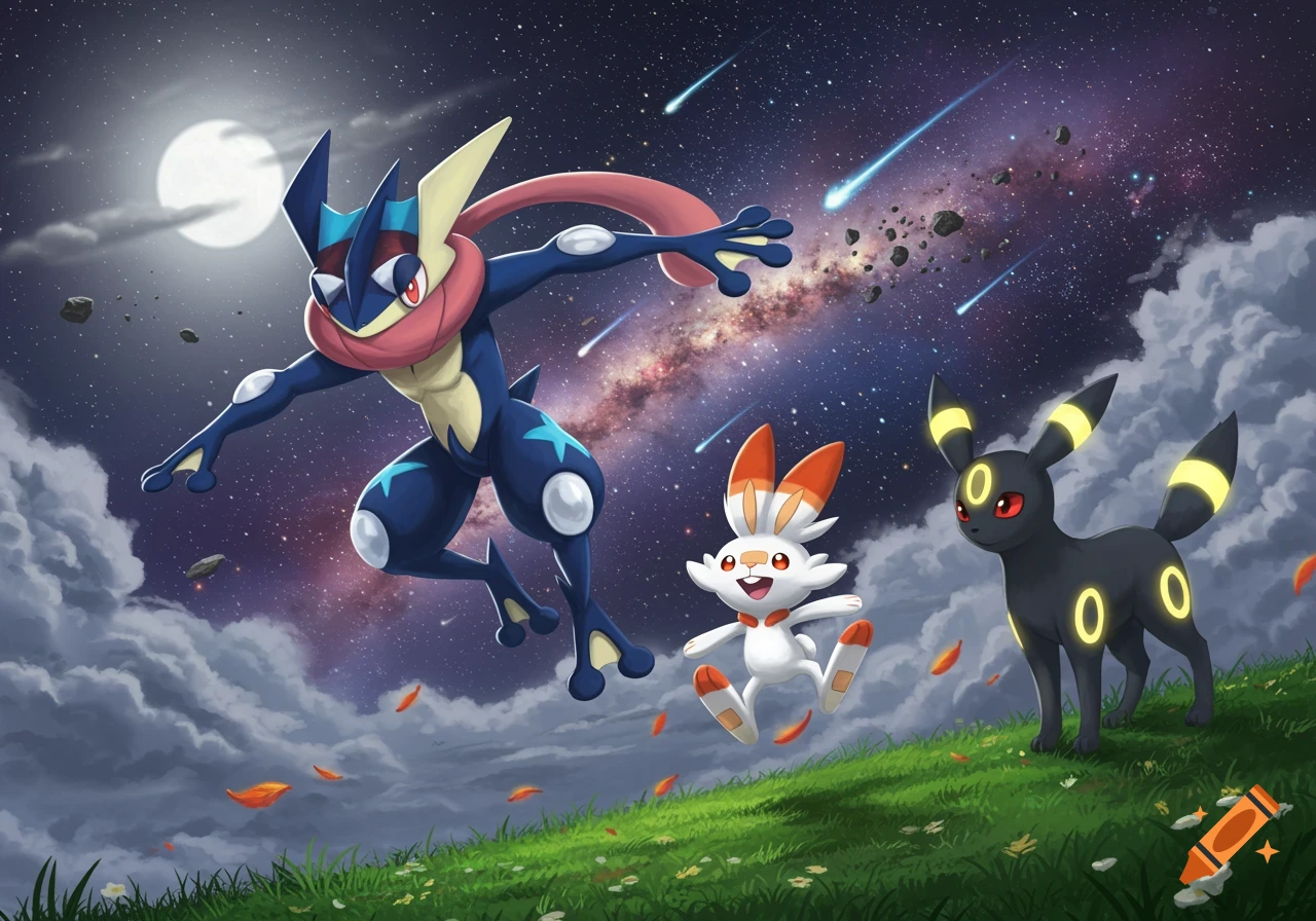 Greninja, Scorbunny, and Umbreon under a starry night sky with a full moon and meteors, on a grassy hill.