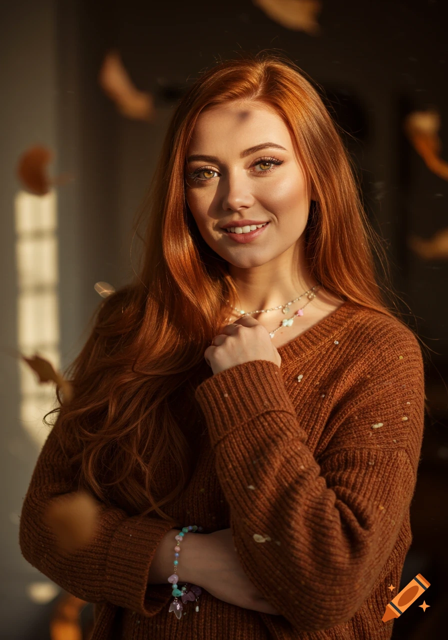 Young woman with long auburn hair and hazel eyes wearing a brown sweater, bathed in soft sunlight with autumn leaves.