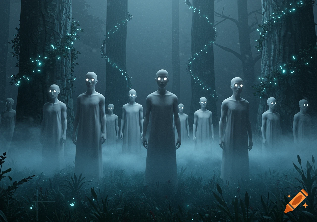 Figures with glowing white eyes stand in a misty, dark forest with glowing vines