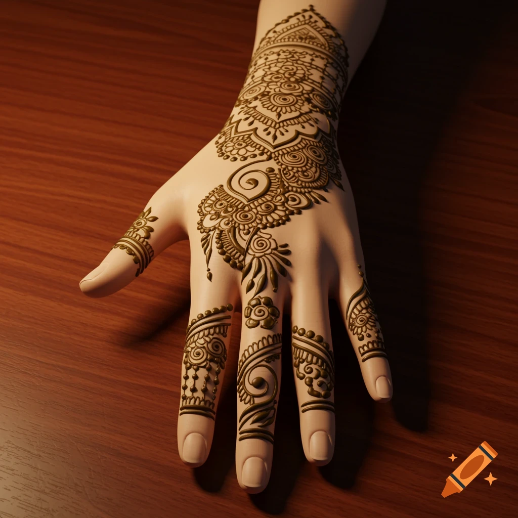 A hand adorned with an intricate brown henna design, resting on a wooden surface.