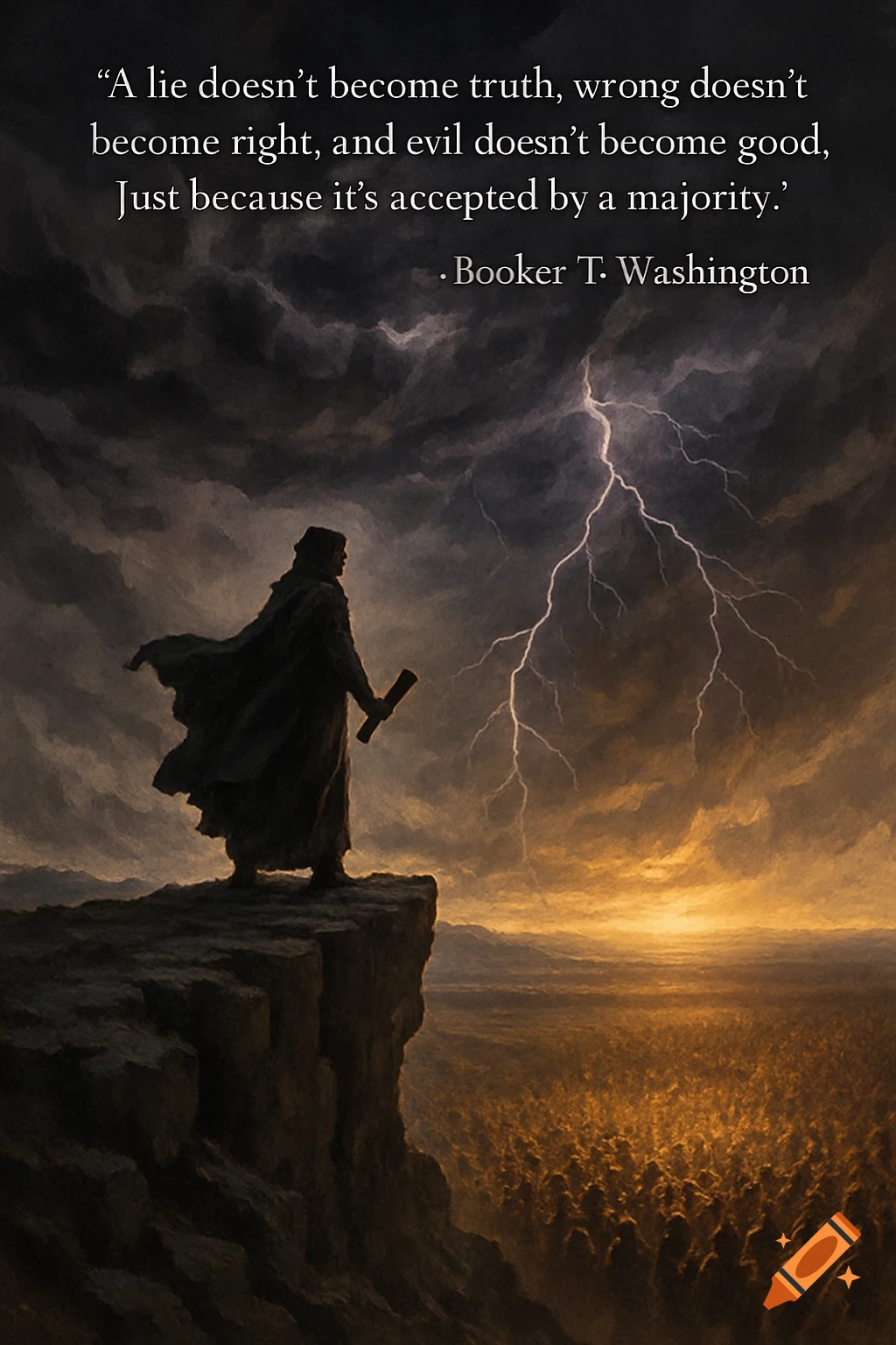 A robed figure stands on a rocky cliff overlooking a vast field under a stormy sky with lightning, alongside a quote by Booker T. Washington.