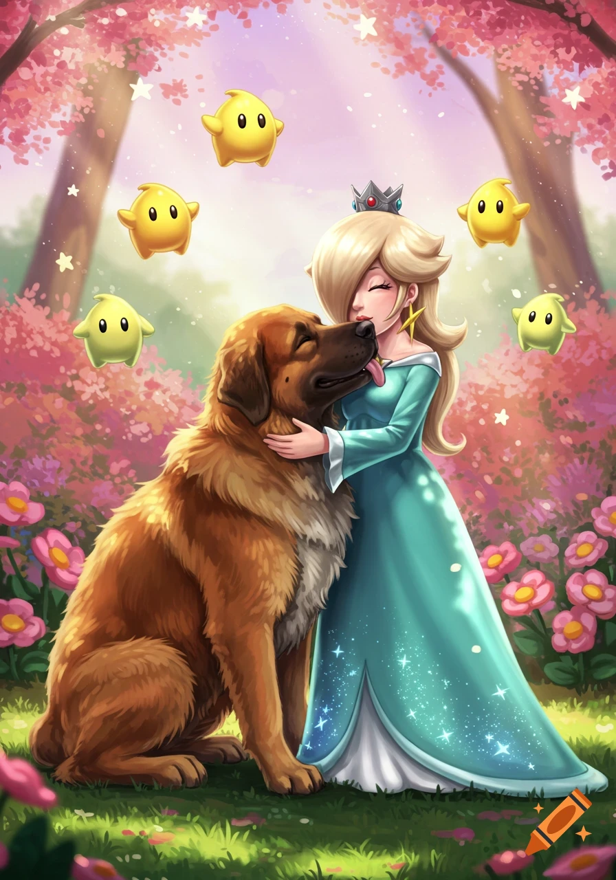 Rosalina from Mario cuddles and hugs a large Leonberger dog in a vibrant cherry blossom garden with floating stars.