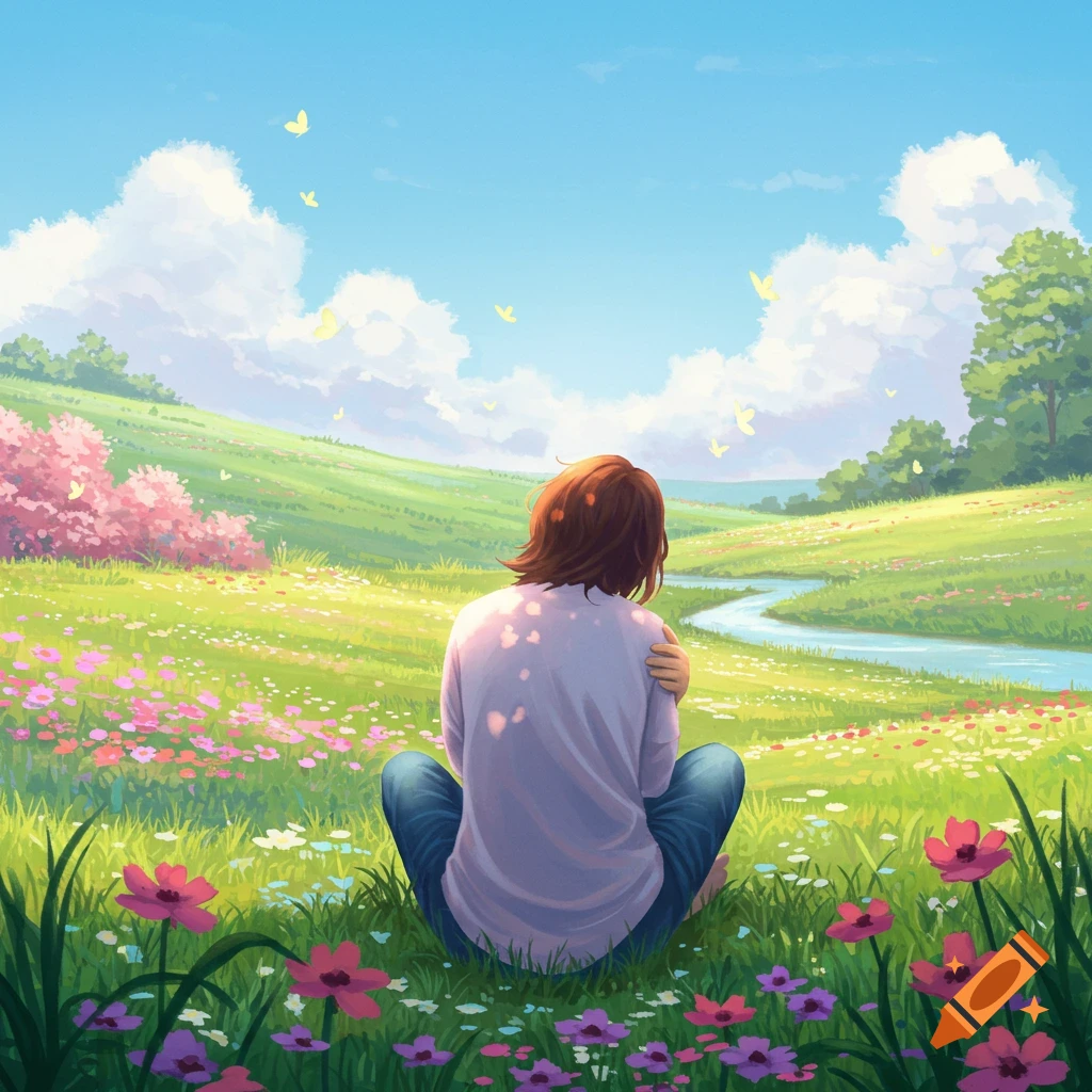 An anime-style person sits facing away in a vibrant green meadow with colorful flowers, a winding river, and a clear blue sky with fluffy clouds and yellow butterflies.