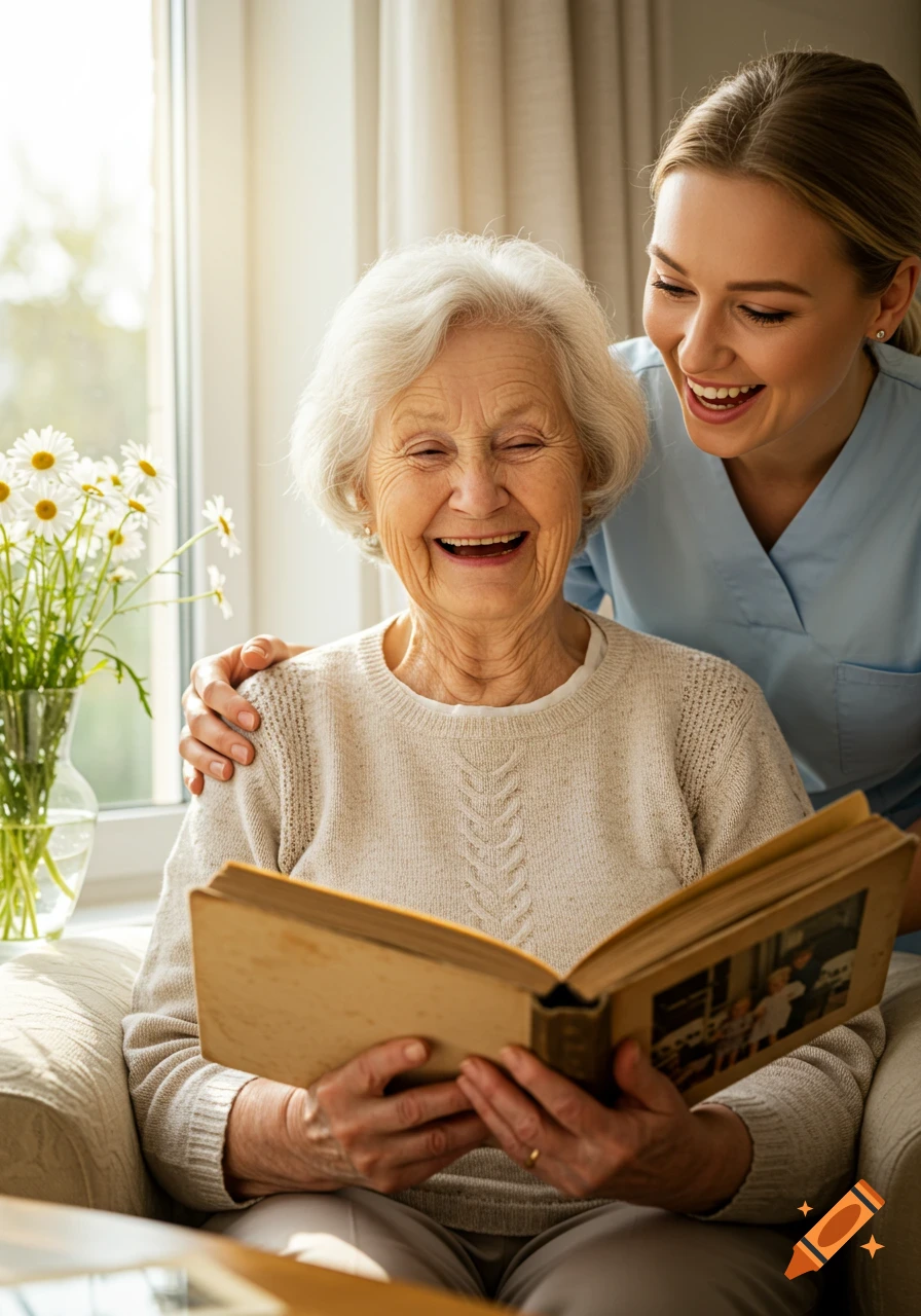 Photorealistic image of an elderly woman laughing while looking at an old family photo album with her caregiver.