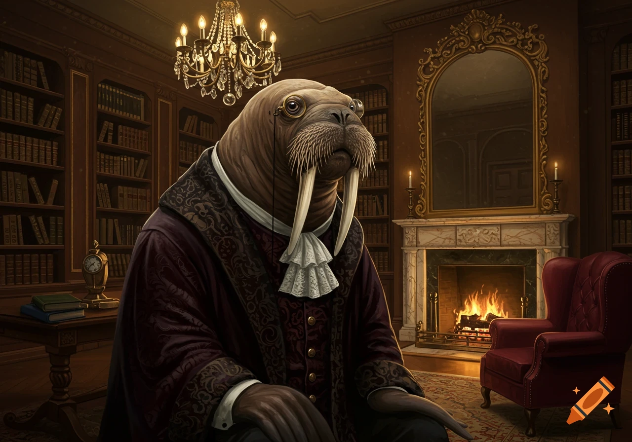 A distinguished walrus wearing a monocle and a burgundy Victorian robe sits in a richly decorated library with a lit fireplace.